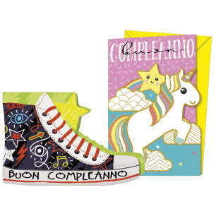 Biglietti Buon Compleanno fustellati Unicorno e scarpa