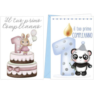 Biglietti Il tuo primo compleanno con panda e coniglio