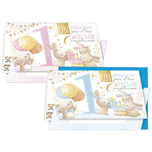 Biglietti Primo compleanno con coniglietti e portasoldi