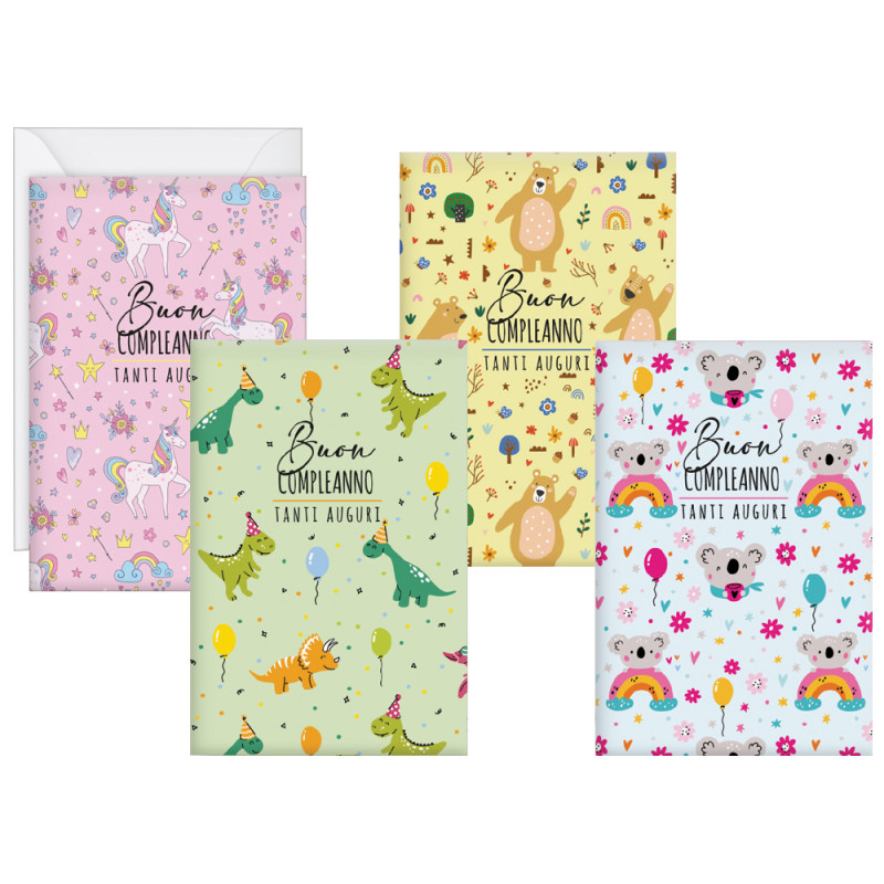 Biglietti Buon Compleanno animali e arcobaleni con portasoldi