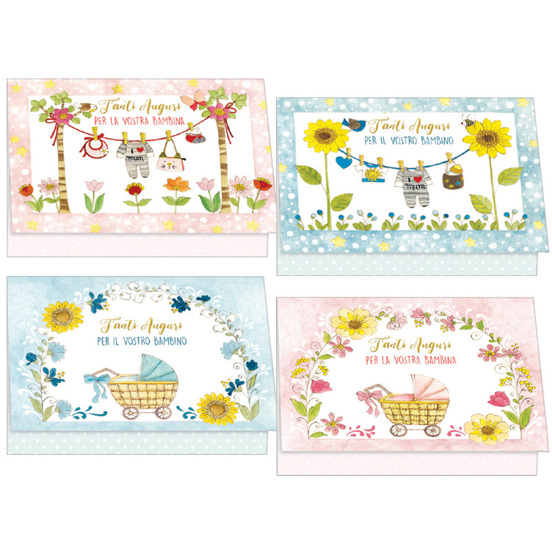 Biglietto Nascita con vestitini e carrozzina