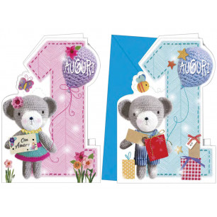 Biglietti per il Primo Compleanno fustellati con orsetto