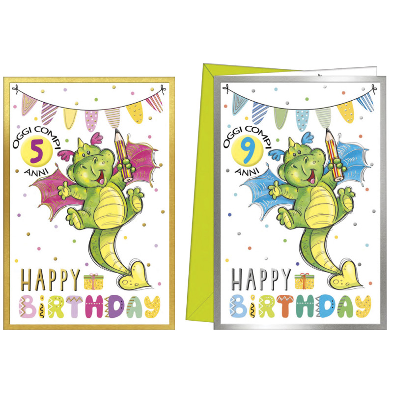 Biglietti Happy Birthday draghetto con rotella 1-10 anni