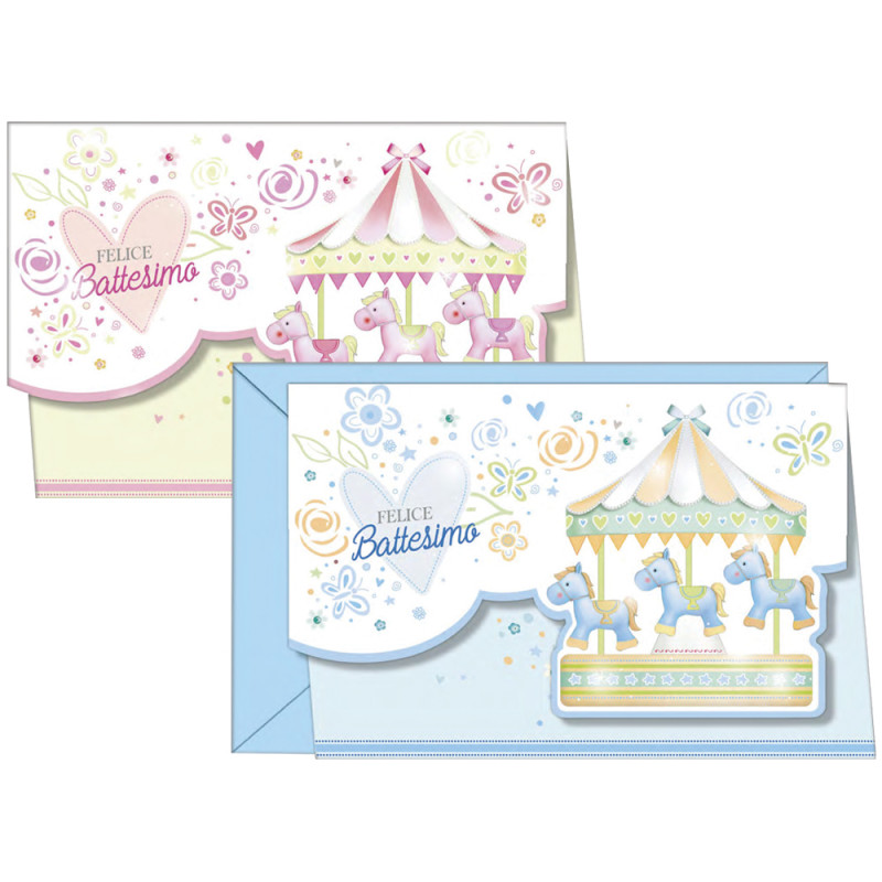 Biglietti Felice Battesimo con giostra cavalli e fustella