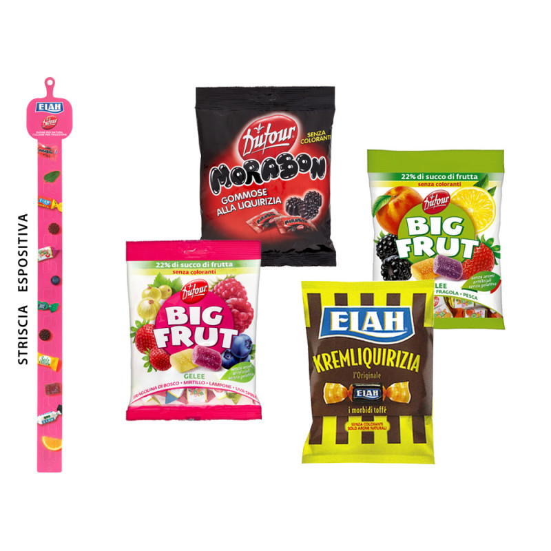 Espositore caramelle Big Frut,Dufour e Elah da 90 g assortite in 4 gusti