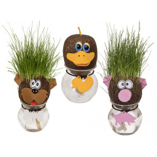 Testa di animale con erba che cresce con vasetto display 16 pz 5 ass.ti