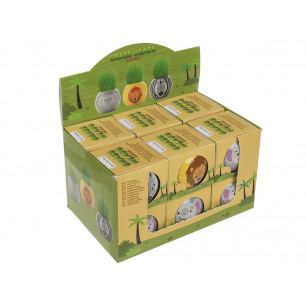 Vasetto animali della savana con erba che cresce display 12 pz 3 ass.ti