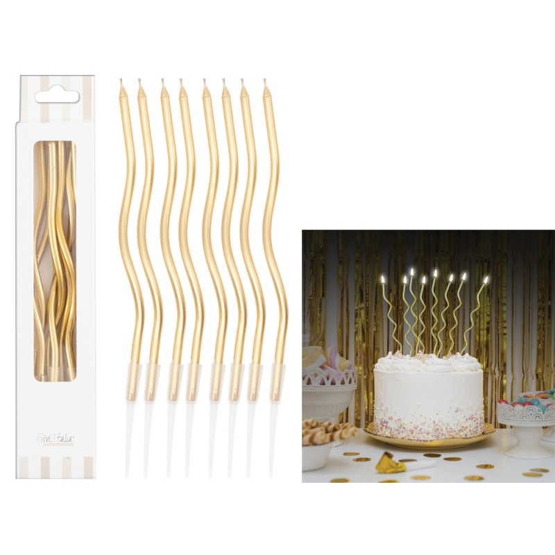 Confezione 8 candeline Curly dorate cm. 12,5 con sostegno