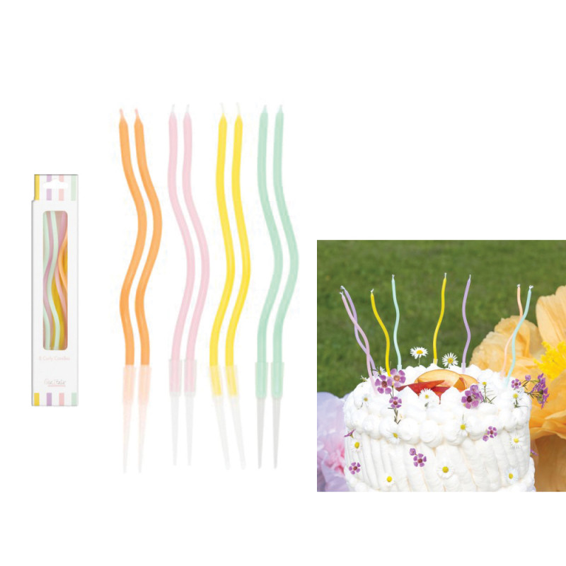 Confezione 8 candeline Curly pastello cm. 12,5 con sostegno