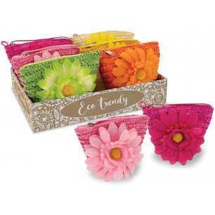 Borsetta in paglia colorata con fiore abbinato display 6 pz ass.ti