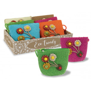 Borsetta in paglia colorata con fiorellini display 6 pz ass.ti