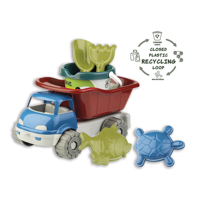 Camion da spiaggia con secchiello cm. 13 e accessori in plastica riciclata