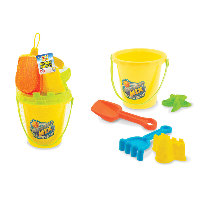 Secchiello da spiaggia con paletta, rastrello e formine