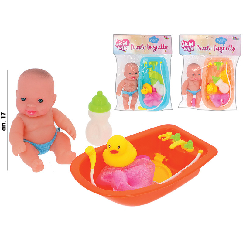 Busta con bambolotto cm. 17, vasca e acc.ri bagno