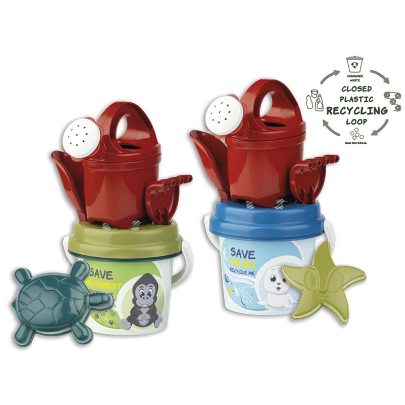 Secchiello da spiaggia cm. 13 con accessori in plastica riciclata