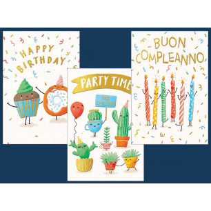 Biglietti Compleanno Cactus e Ciambella con oro e rilievo