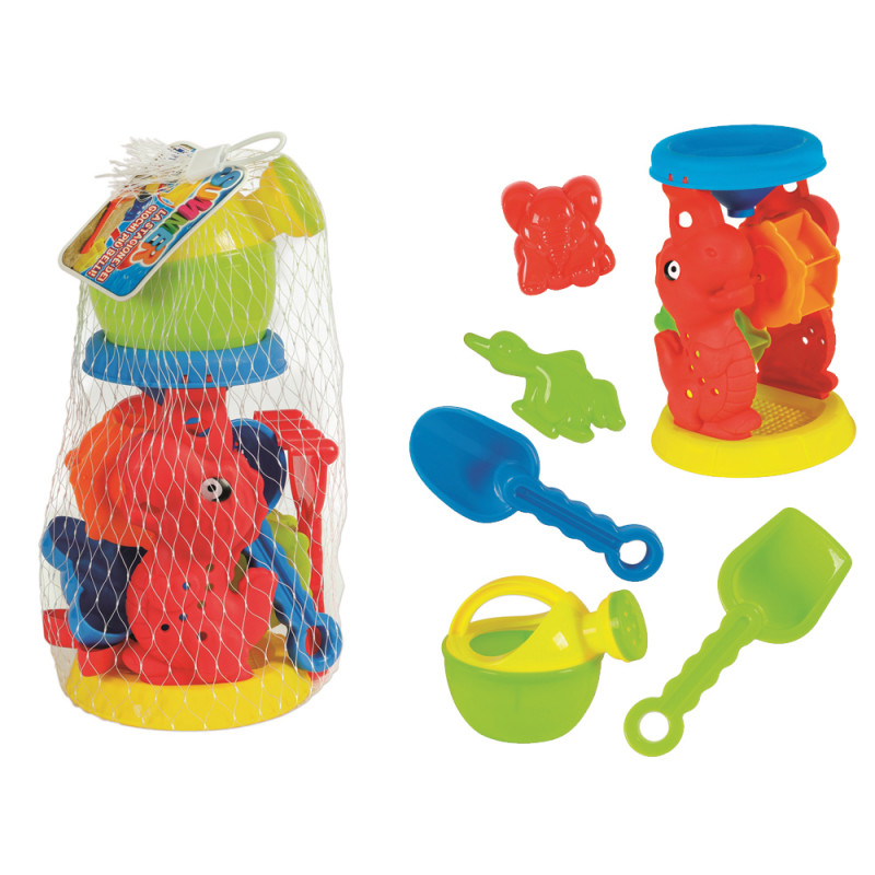 Mulino da spiaggia con innaffiatoio, palette e formine