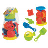 Mulino da spiaggia con innaffiatoio, palette e formine