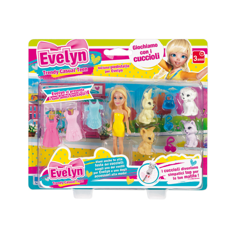 Bambola Mini Evelyn con 3 vestiti e animali
