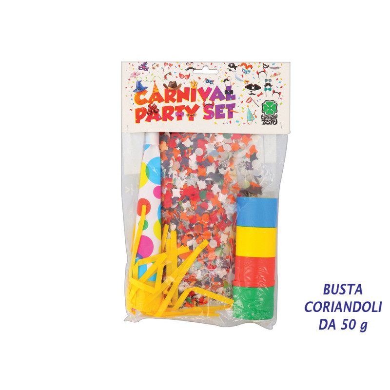 Busta carnevale con 1 tubo stelle, 1 busta coriandoli e 1 trombetta