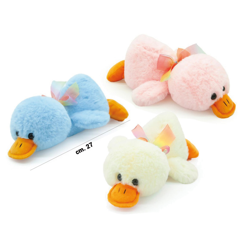 Peluche papero steso con fiocco cm. 27 in 4 colori