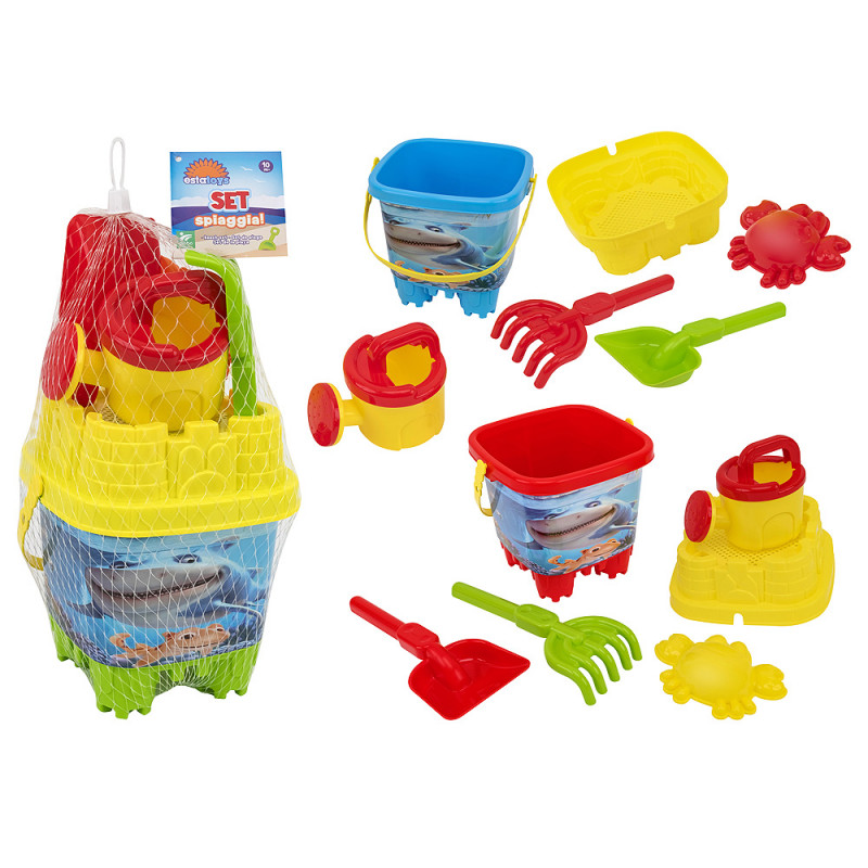 Secchiello castello cm. 16 con accessori spiaggia 3 colori