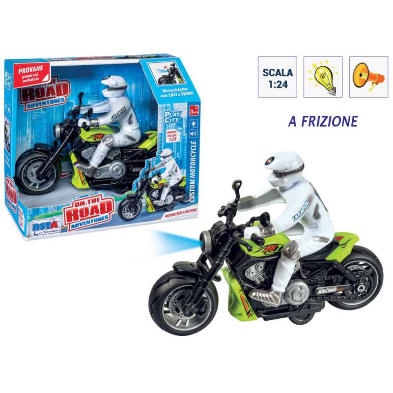Moto a frizione scala 1:64 con luci e suoni con personaggio