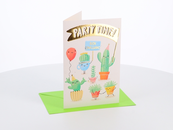 Biglietti Compleanno Cactus e Ciambella con oro e rilievo
