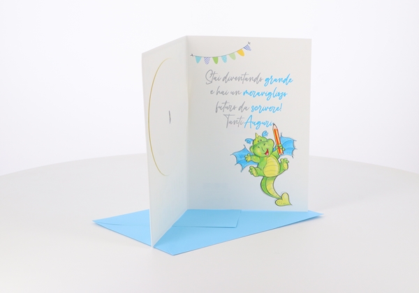 Biglietti Happy Birthday draghetto con rotella 1-10 anni