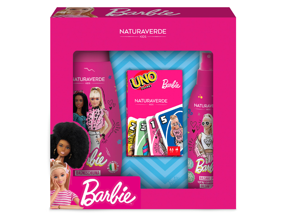 Set Regalo Naturaverde Barbie con 1 bagnoschiuma 300ml, 1 balsamo 200ml e 1  mazzo Uno